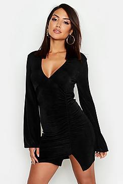 Boohoo Textured Slinky Ruched Flared Sleeve Dress