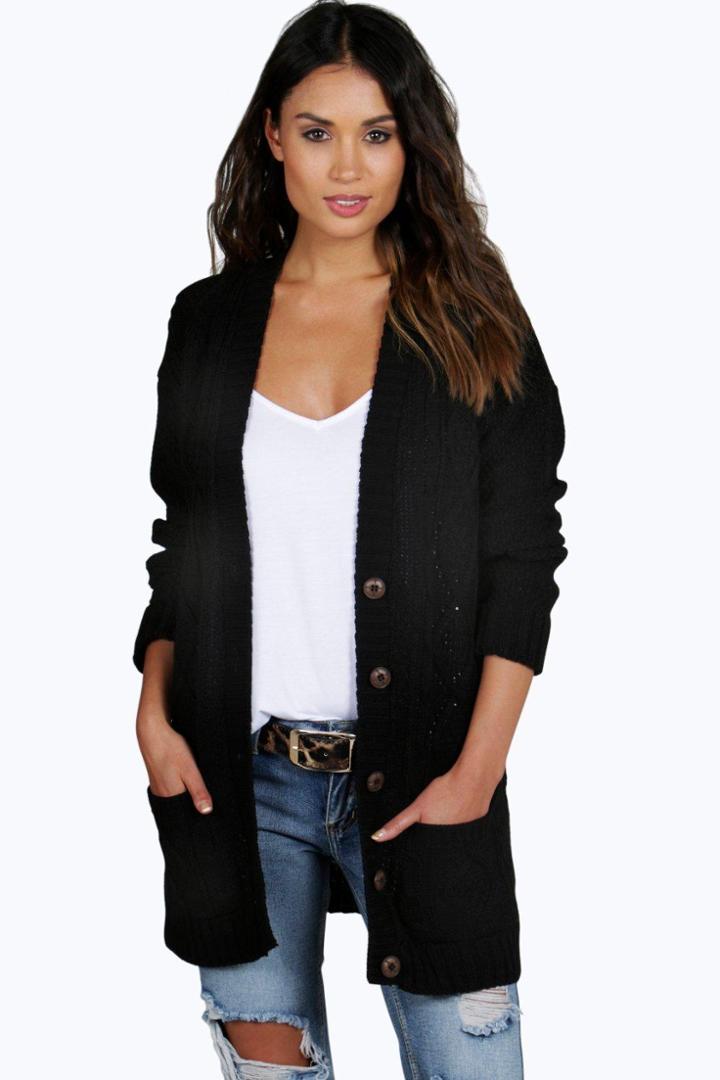 Boohoo Julia Cable Pocket Cardigan Black