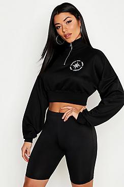 Boohoo Seattle Slogan Zip Detail Funnel Neck Sweat