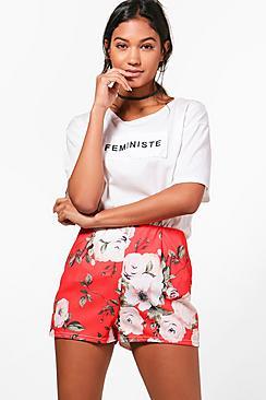 Boohoo Annabel Red Floral High Waisted Shorts