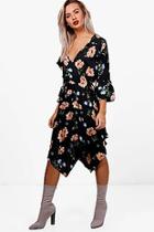 Boohoo Cleo Floral Asymmetric Hem Midi Tea Dress