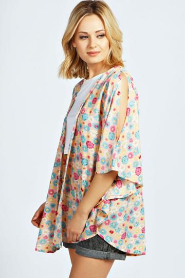 Boohoo Kaitlin Open Shoulder Floral Kimono - Multi