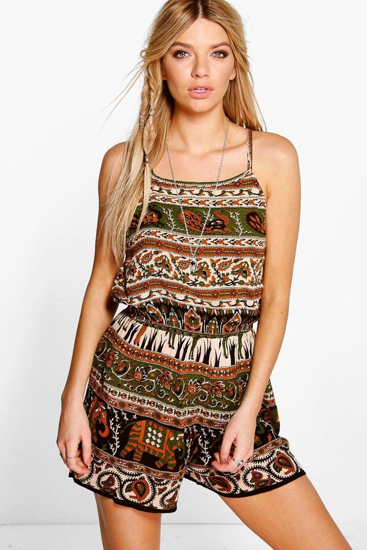 Boohoo Lorna Tassel Trim Animal Print Playsuit Multi