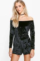 Boohoo Lana Bardot Velvet Playsuit Black