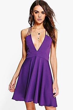 Boohoo Suvi Deep Plunge Strappy Detail Skater Dress