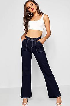 Boohoo High Waist Contrast Stitch Straight Leg Jeans