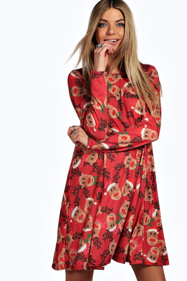 Boohoo Alexis Reindeer Printed Swing Christmas Dress Red