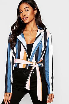 Boohoo Woven Stripe Tie Belt Blouse