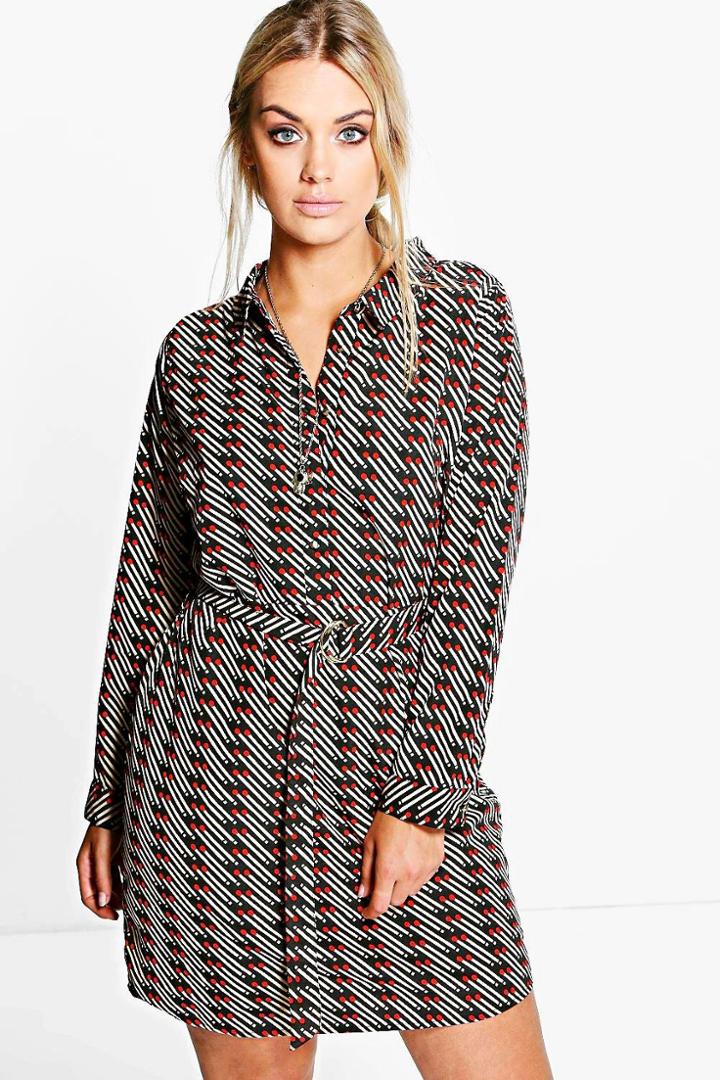 Boohoo Plus Lucie Belted Printed Shirt Dress Multi