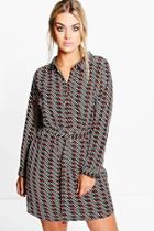 Boohoo Plus Lucie Belted Printed Shirt Dress Multi