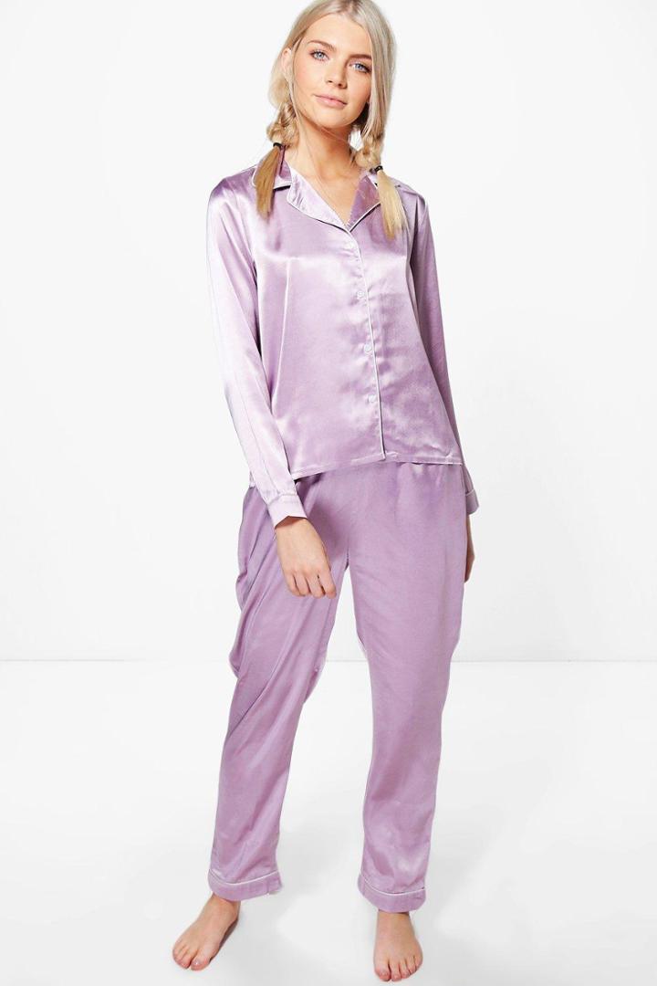 Boohoo Millie Satin Shirt And Trouser Night Set Lilas