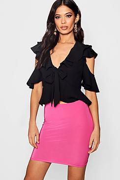 Boohoo Bethany Tie Front Ruffle Woven Blouse