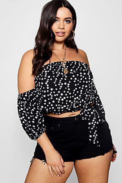 Boohoo Plus Daisy Off Shoulder Ruched Tie Front Top