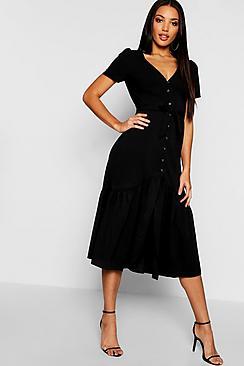 Boohoo Horn Button Front Ruffle Hem Midi Dress