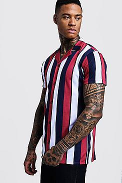 Boohoo Vertical Stripe Short Sleeve Revere Jersey Shirt