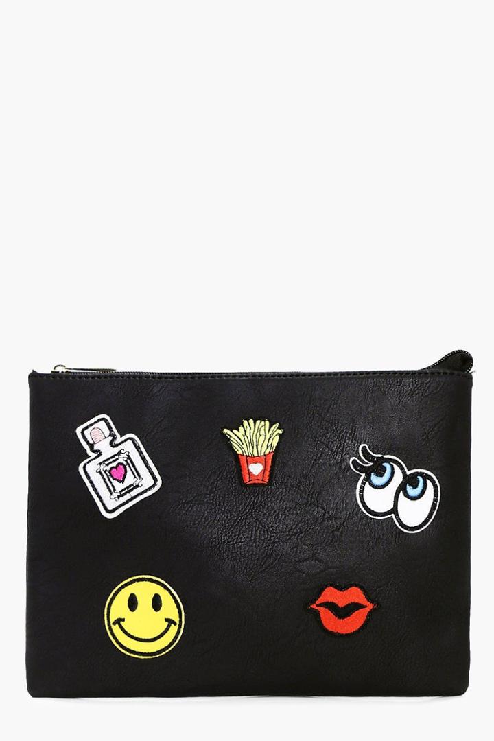 Boohoo Amelia Badge Detail Zip Top Clutch Bag Black