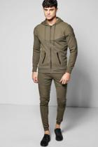 Boohoo Skinny Fit Spliced Hooded Tracksuit Khaki