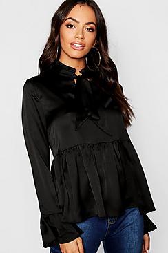 Boohoo Satin Pleated Tie Detail Peplum Blouse