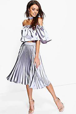 Boohoo Eve Satin Off The Shoulder Crop & Skirt Co-ord