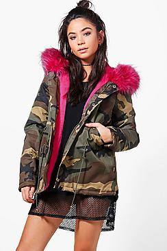 Boohoo Lizzie Short Camo Faux Fur Lined Parka
