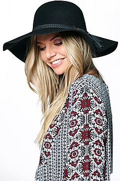 Boohoo Ella Wool Floppy Hat With Tassel Trim