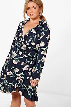 Boohoo Plus Jordan Frill Wrap Floral Printed Dress