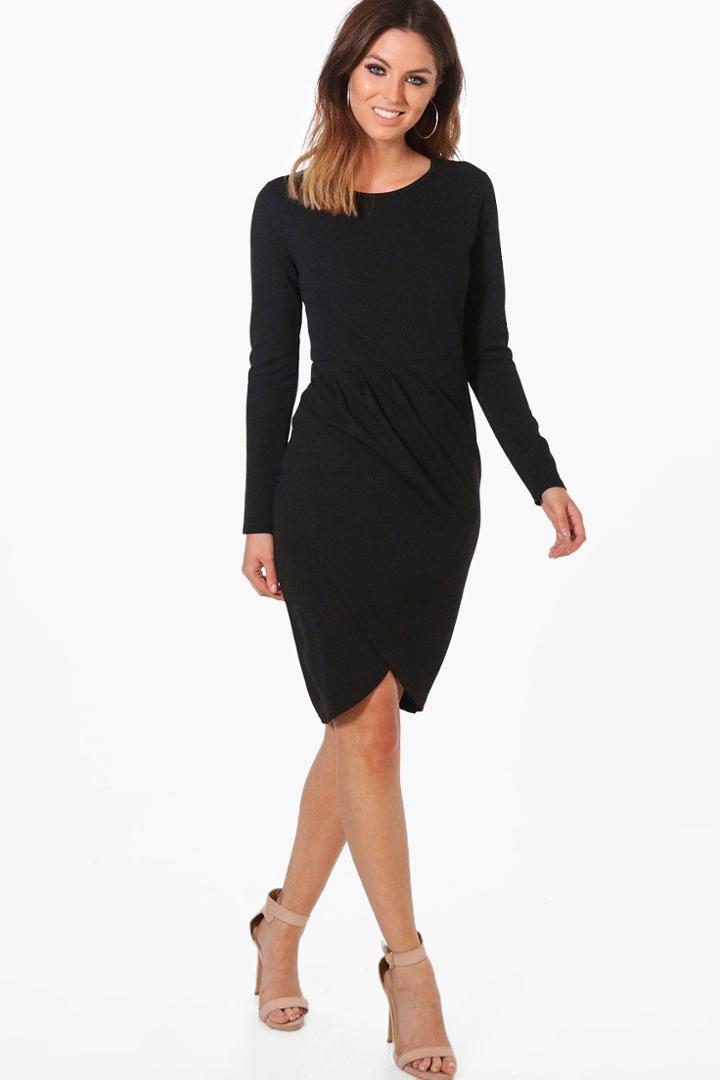 Boohoo Christina Pleat Front Long Sleeve Midi Dress Black