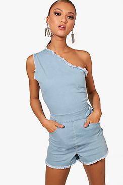 Boohoo Bella One Shoulder Denim Playsuit