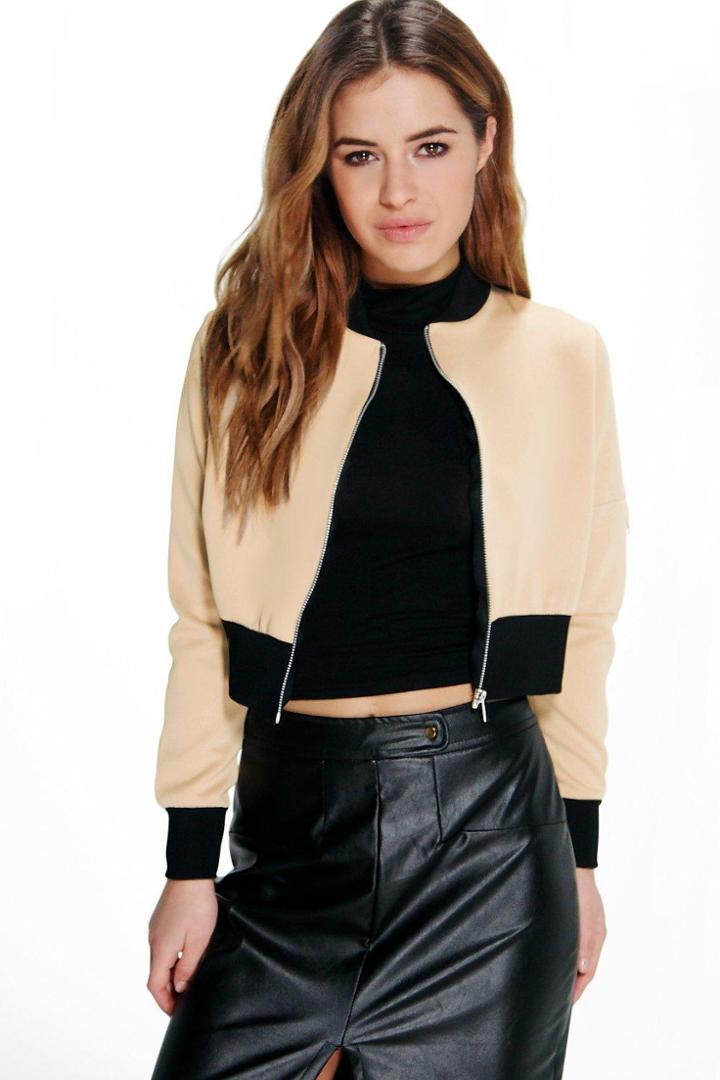 Boohoo Petite Eva Cropped Scuba Ma1 Bomber Jacket Stone
