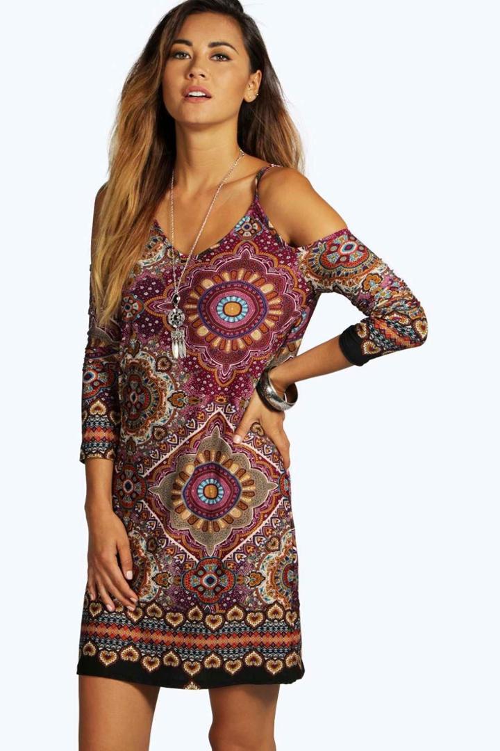 Boohoo Sanna Cold Shoulder Tile Print Dress Multi