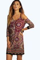 Boohoo Sanna Cold Shoulder Tile Print Dress Multi