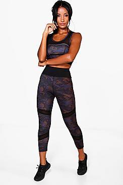 Boohoo Heidi Fit Camo Mesh Insert Capri Running Legging