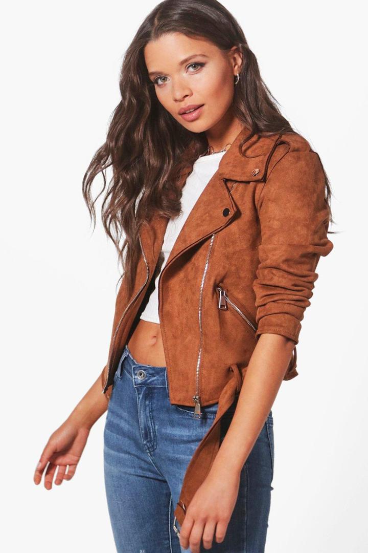 Boohoo Rebecca Suedette Biker Jacket Tan