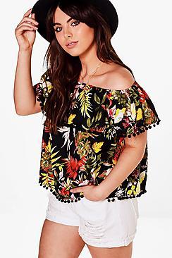 Boohoo Plus Amy Tropical Off The Shoulder Pom Pom Top