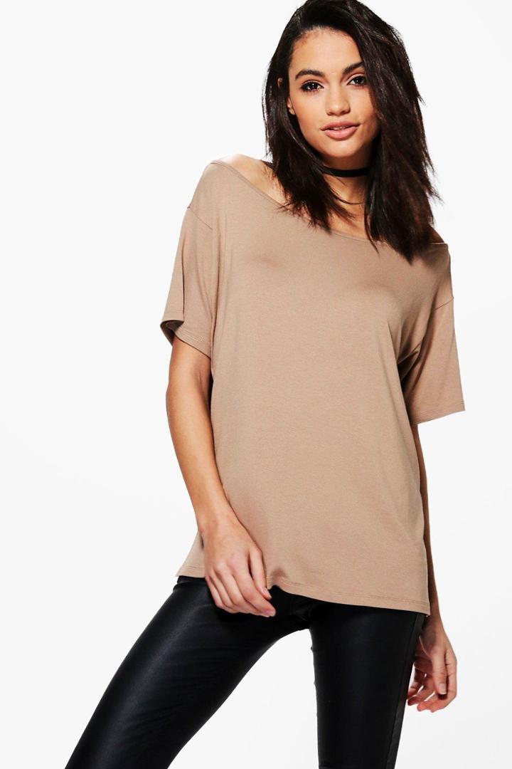 Boohoo Alyssa Slash Neck T-shirt Mocha