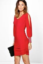 Boohoo Brenda Diamante Cuff Split Sleeve Dress Red