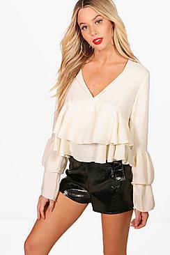 Boohoo Rhyla Plunge Ruffle Blouse