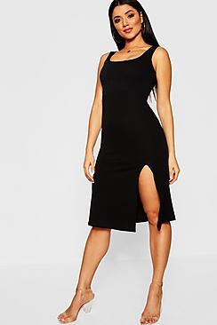 Boohoo Square Neck Frill Hem Thigh Split Midi Dress