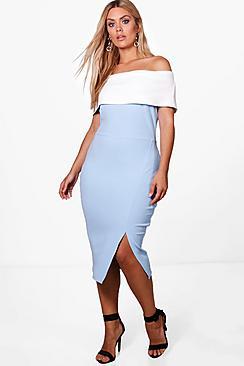 Boohoo Plus Alex Contrast Off The Shoulder Bodycon Dress