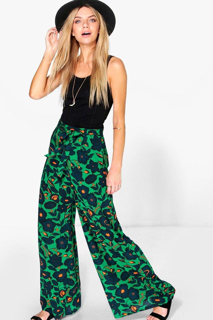Boohoo Ria Tie Waist Bohemian Floral Wide Leg Trousers Green