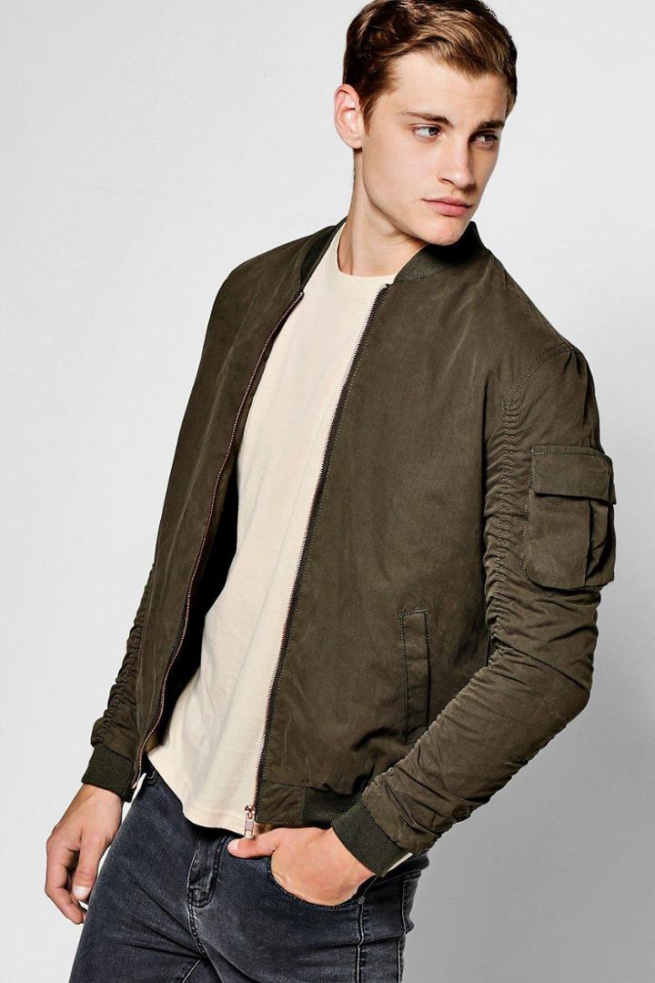 Boohoo Khaki Zip Through Cotton Bomber With Ruched Sleeves Khaki
