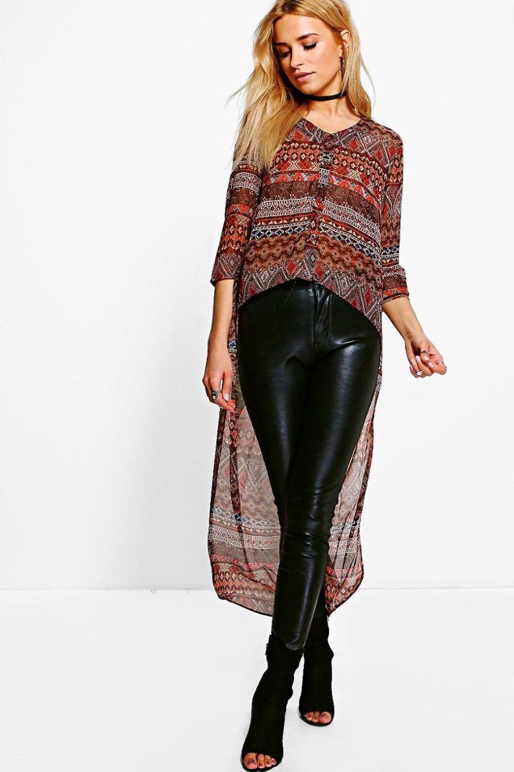 Boohoo Faith Drop Hem Aztec T-shirt Brown