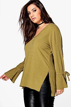 Boohoo Plus Iris Knitted Rib Tie Detail Jumper