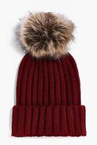 Boohoo Laura Rib Knit Faux Fur Pom Beanie Hat