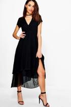 Boohoo Gracie Chiffon Cap Sleeve Ruffle Midi Dress Black