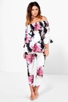 Boohoo Sasha Floral Off The Shoulder Top & Skinny Trouser Co-ord Multi