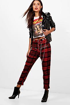 Boohoo Blair Woven Tartan Slim Fit Eyelet Detail Trousers