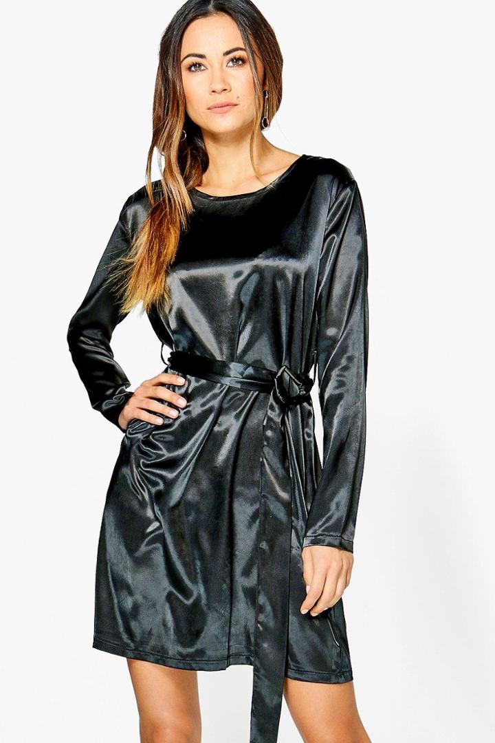 Boohoo Henrietta Satin D-ring Belted Shift Dress Black