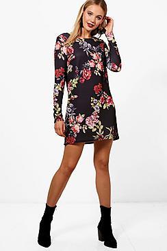 Boohoo Alia Long Sleeve Floral Shift Dress