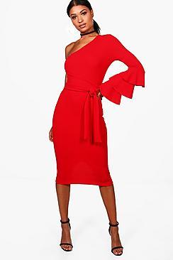 Boohoo Izzy One Shoulder Frill Tiered Midi Bodycon Dress